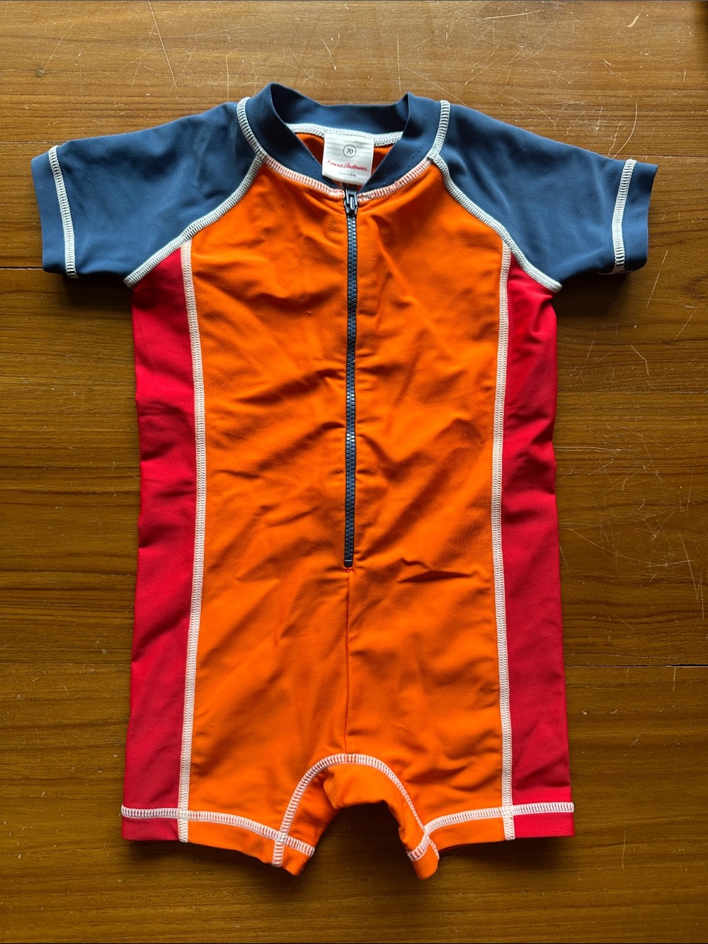 Kids Short-Sleeve Rash Guard Swimsuit - Orange, Red & Navy